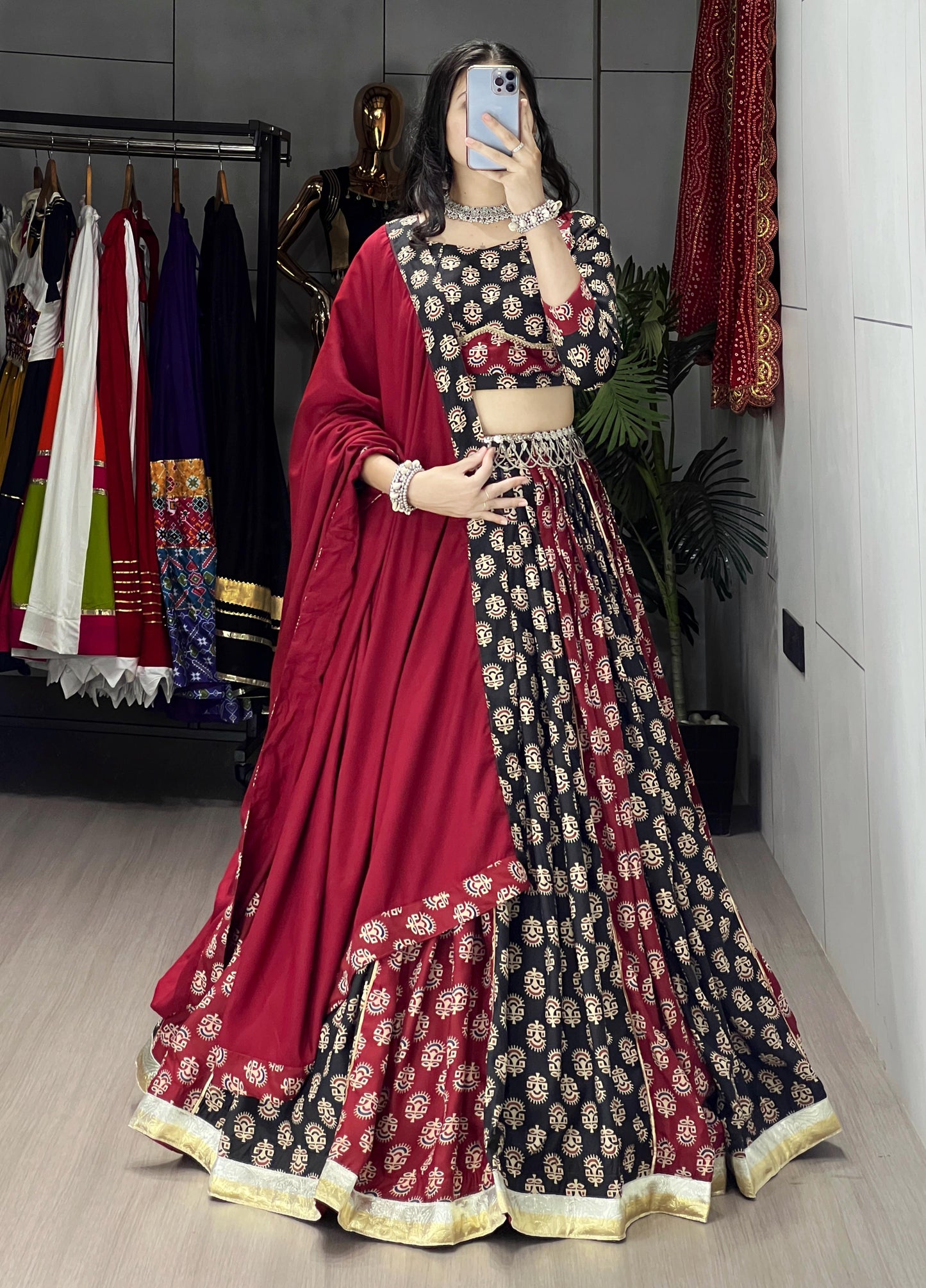 Black, Maroon & Ivory Ajrakh Print Rayon Cotton Lehenga Choli Set with Dupatta