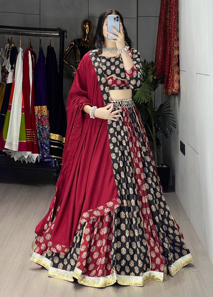 Black, Maroon & Ivory Ajrakh Print Rayon Cotton Lehenga Choli Set with Dupatta