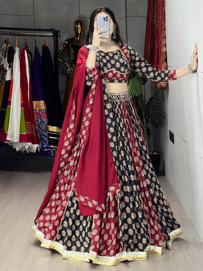 Black, Maroon & Ivory Ajrakh Print Rayon Cotton Lehenga Choli Set with Dupatta