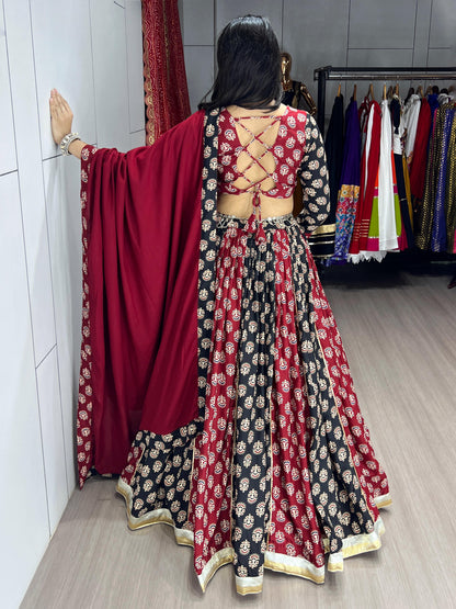 Black, Maroon & Ivory Ajrakh Print Rayon Cotton Lehenga Choli Set with Dupatta
