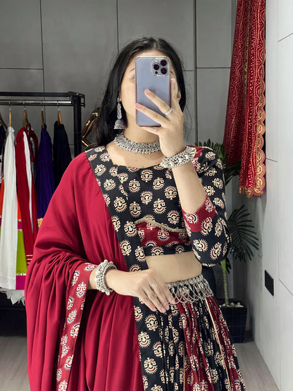 Black, Maroon & Ivory Ajrakh Print Rayon Cotton Lehenga Choli Set with Dupatta