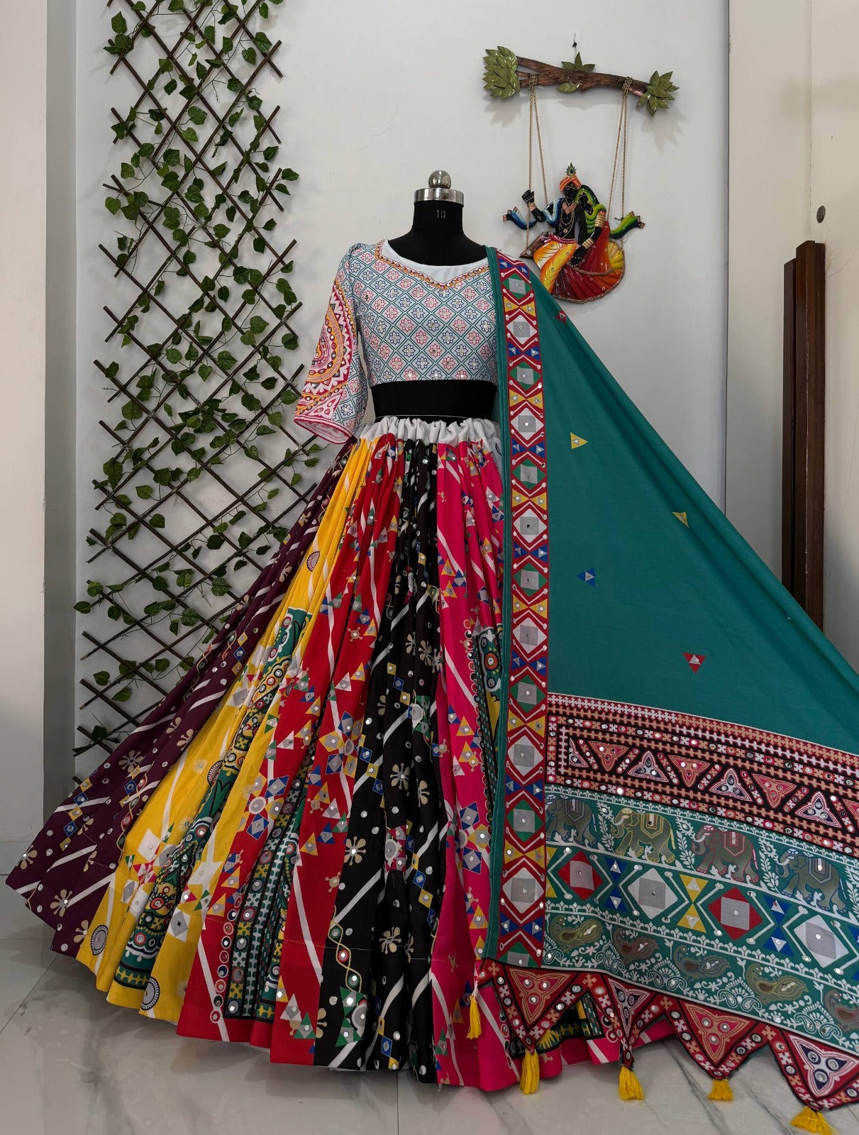 Multicolour Digital Print Mirror Work Muslin Cotton Lehenga Choli Set with Teal Dupatta