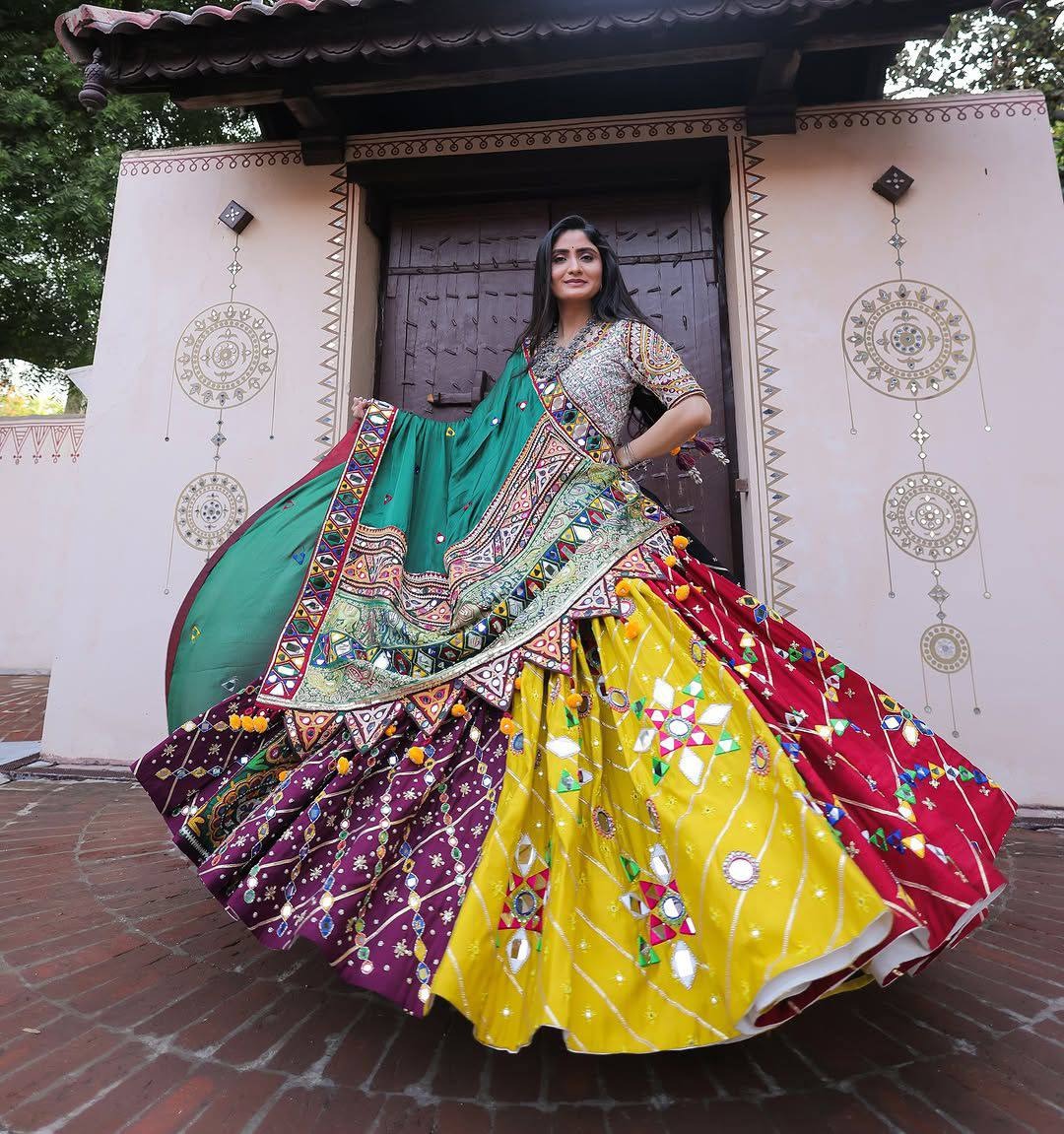 Multicolour Digital Print Mirror Work Muslin Cotton Lehenga Choli Set with Teal Dupatta