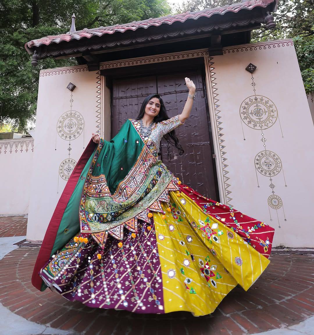 Multicolour Digital Print Mirror Work Muslin Cotton Lehenga Choli Set with Teal Dupatta