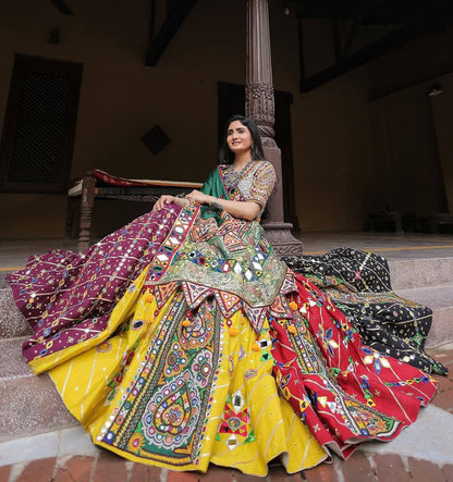 Multicolour Digital Print Mirror Work Muslin Cotton Lehenga Choli Set with Teal Dupatta