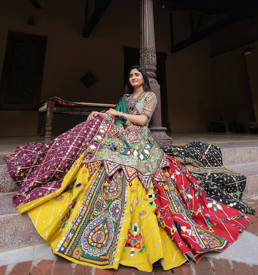Multicolour Digital Print Mirror Work Muslin Cotton Lehenga Choli Set with Teal Dupatta