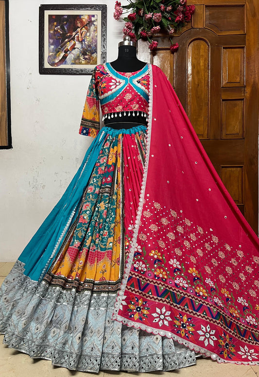 Teal Blue & Red Multicolour Mirror Work Muslin Cotton Lehenga Choli Set