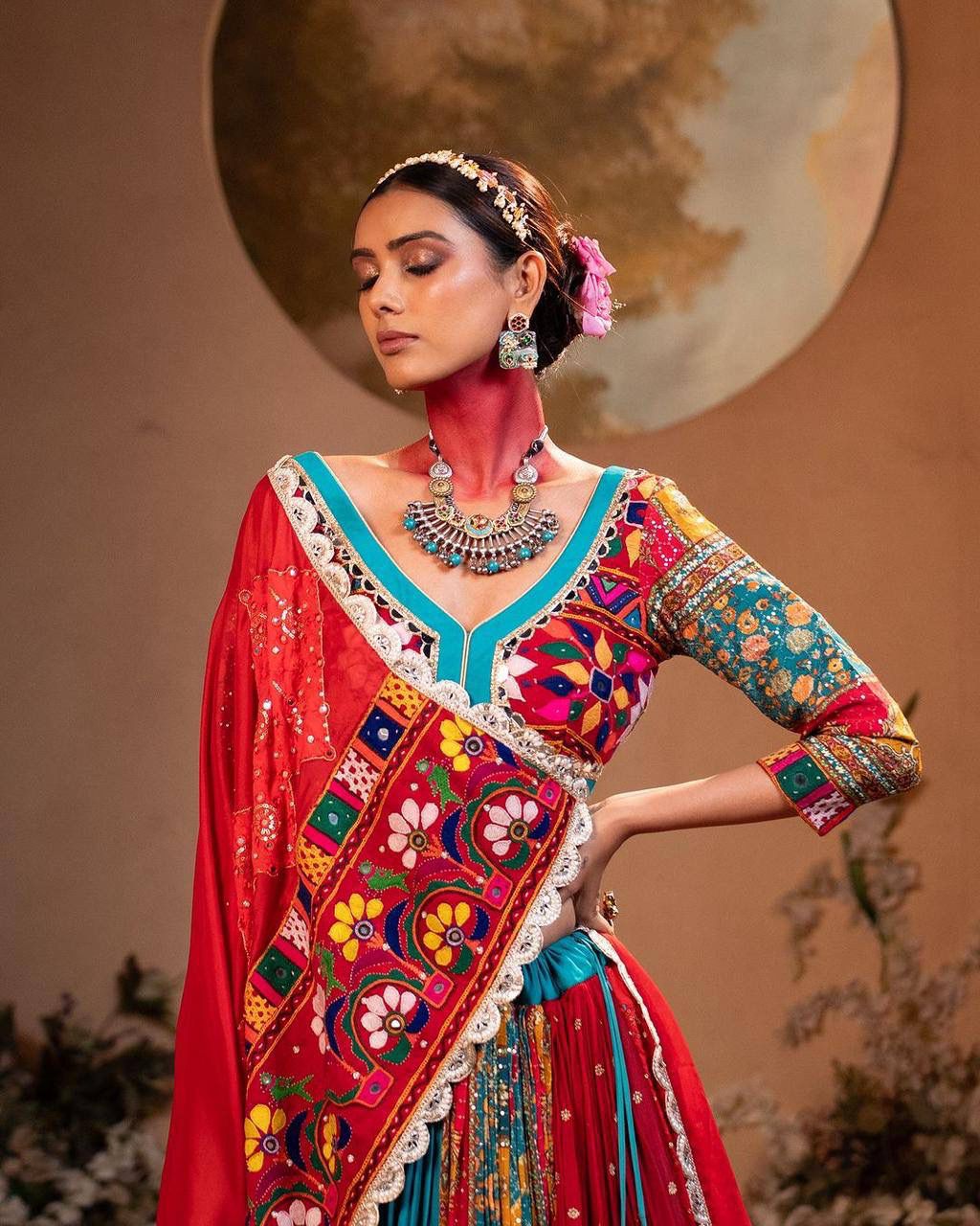 Teal Blue & Red Multicolour Mirror Work Muslin Cotton Lehenga Choli Set