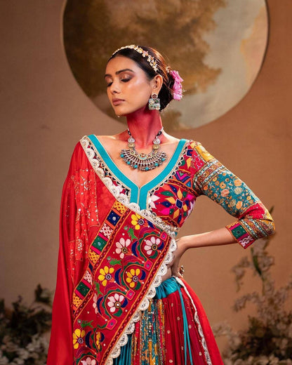 Teal Blue & Red Multicolour Mirror Work Muslin Cotton Lehenga Choli Set