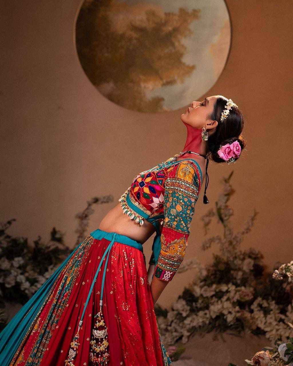 Teal Blue & Red Multicolour Mirror Work Muslin Cotton Lehenga Choli Set