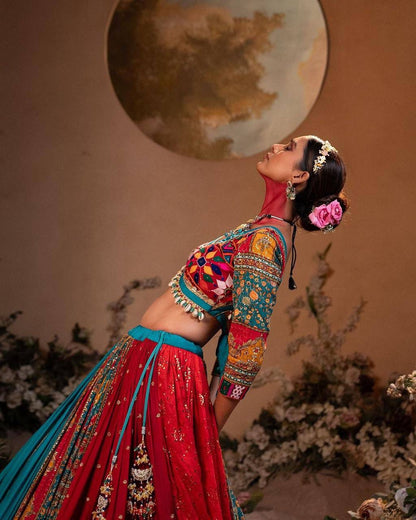 Teal Blue & Red Multicolour Mirror Work Muslin Cotton Lehenga Choli Set
