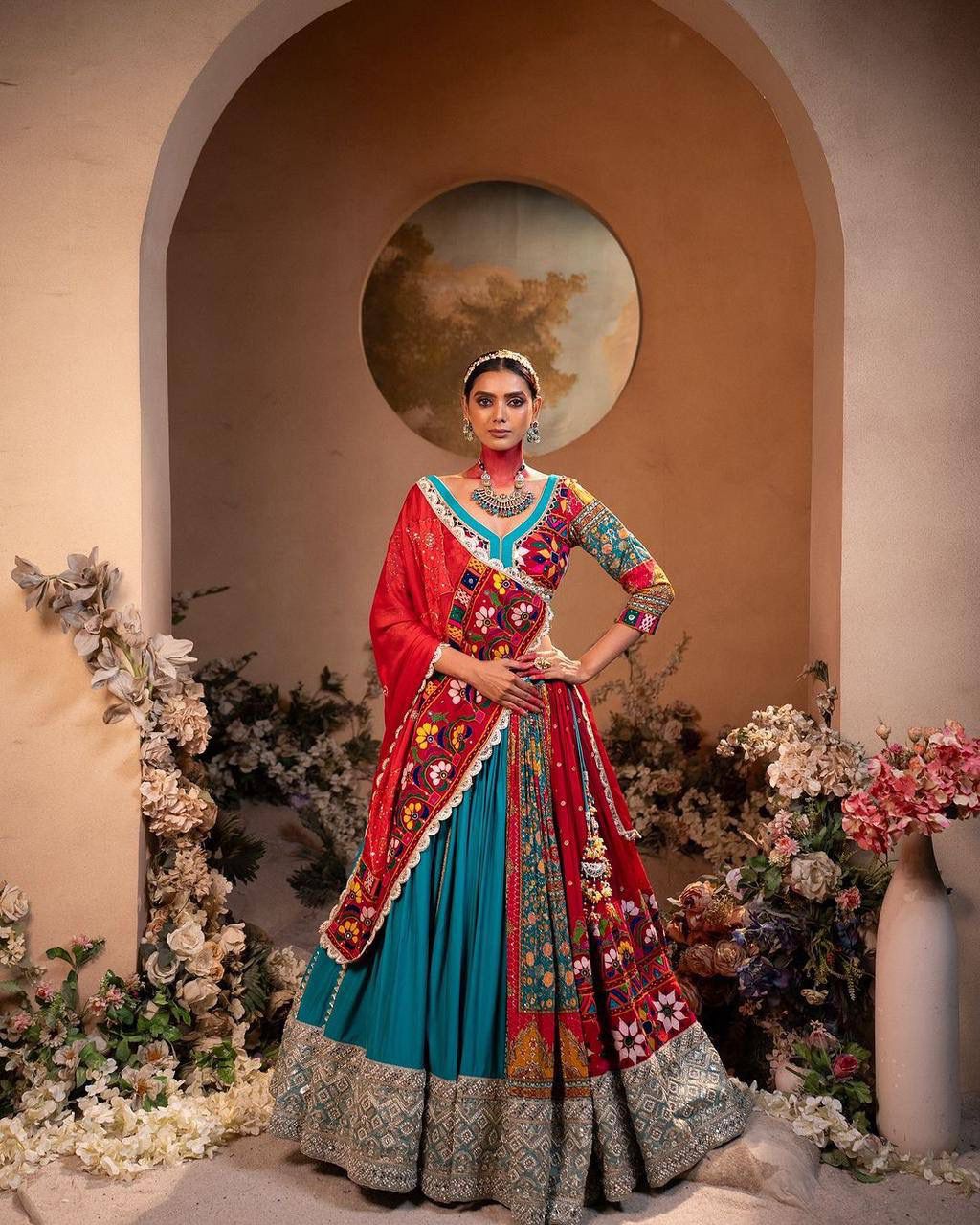 Teal Blue & Red Multicolour Mirror Work Muslin Cotton Lehenga Choli Set