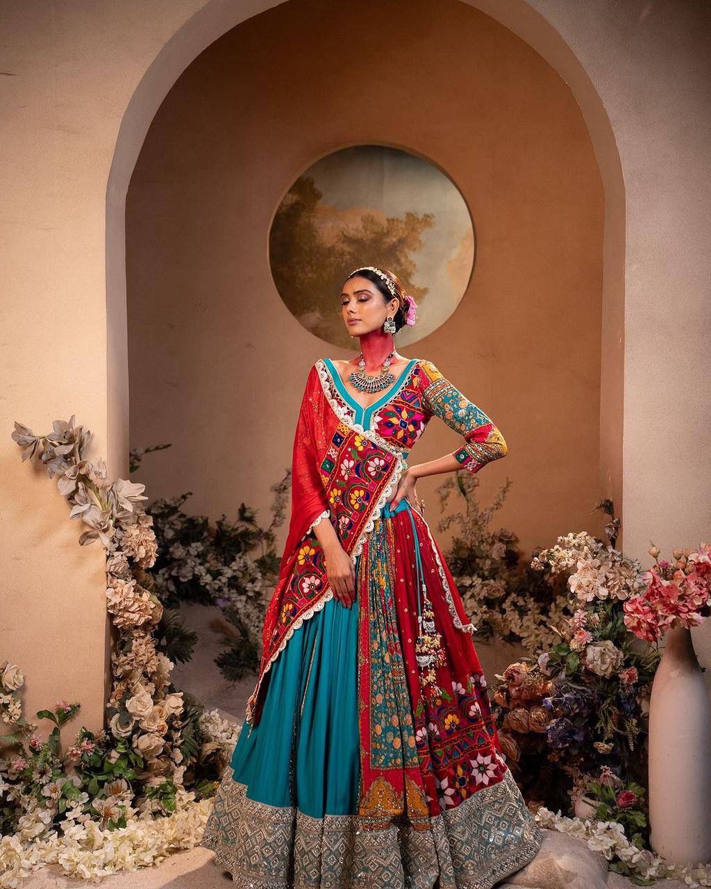 Teal Blue & Red Multicolour Mirror Work Muslin Cotton Lehenga Choli Set