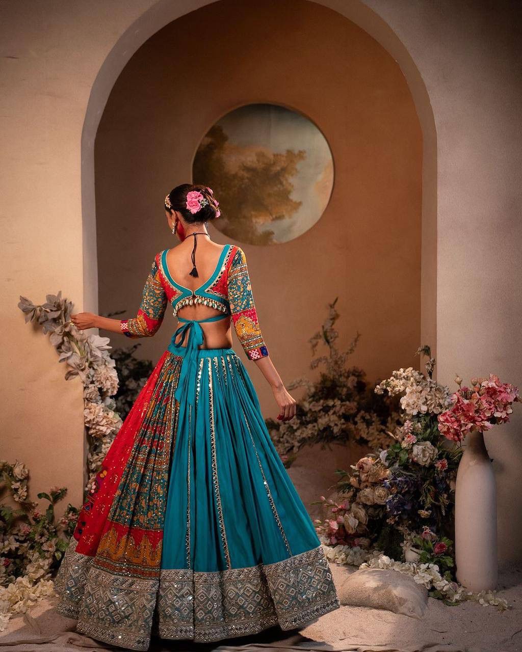 Teal Blue & Red Multicolour Mirror Work Muslin Cotton Lehenga Choli Set