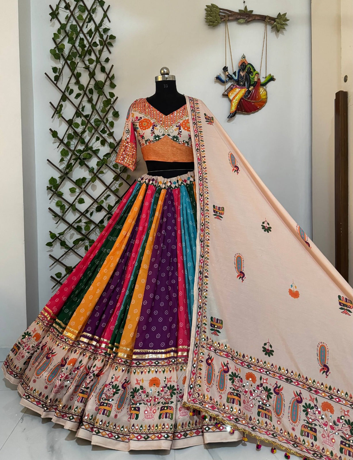 Peach & Multicolour Digital Print Mirror Work Muslin Cotton Lehenga Choli Set