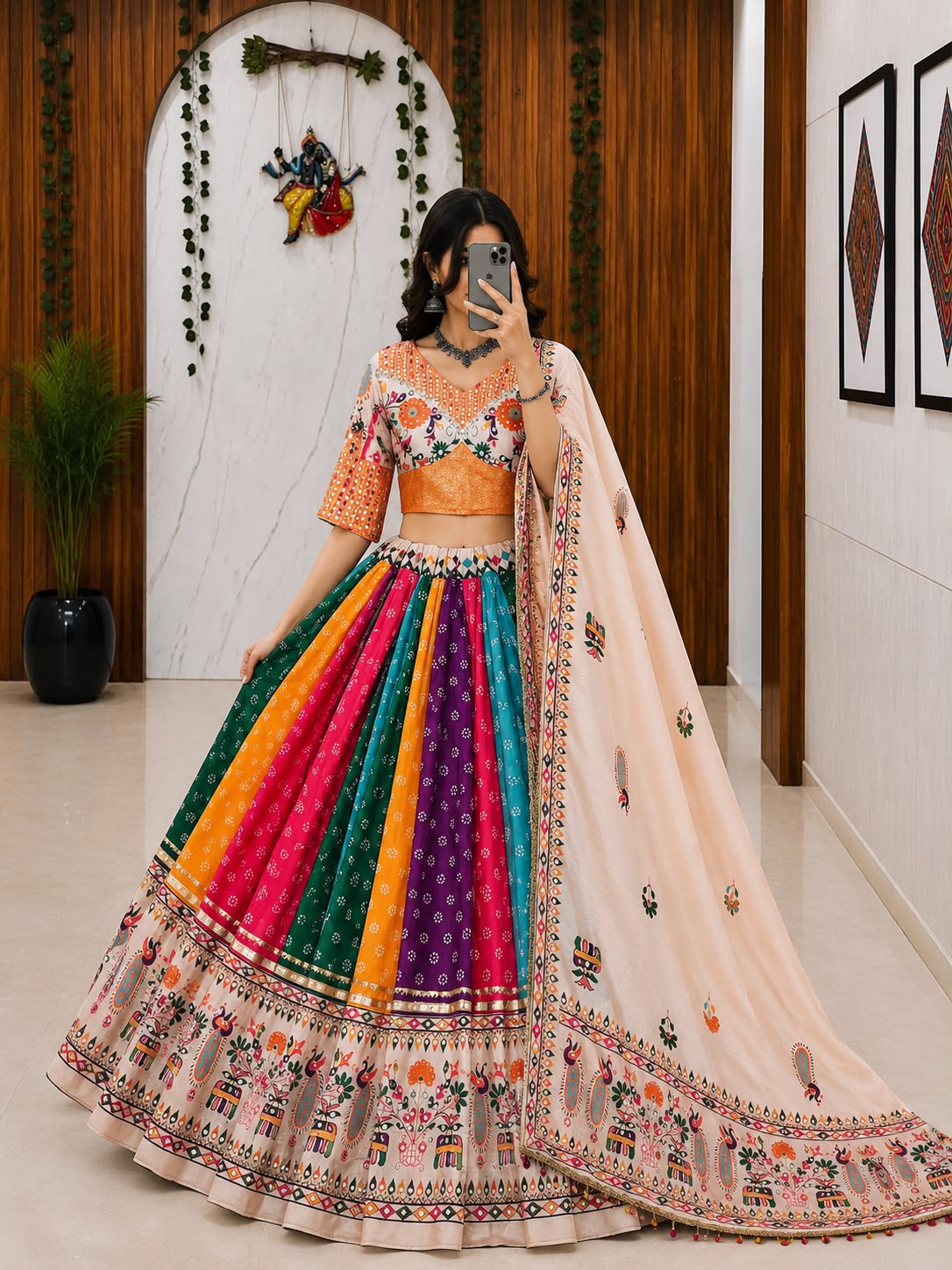 Peach & Multicolour Digital Print Mirror Work Muslin Cotton Lehenga Choli Set