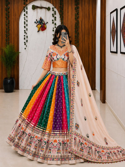 Peach & Multicolour Digital Print Mirror Work Muslin Cotton Lehenga Choli Set