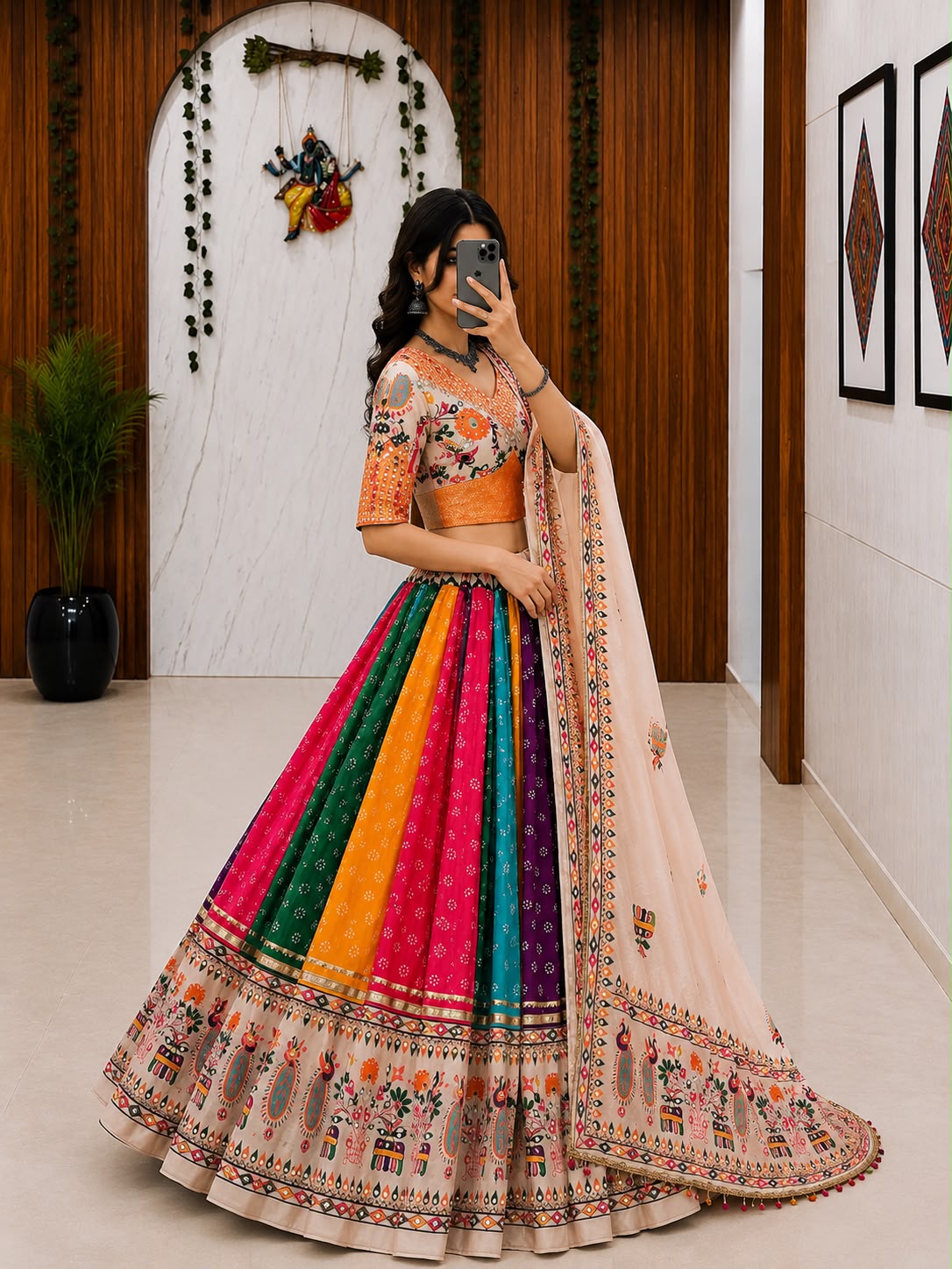 Peach & Multicolour Digital Print Mirror Work Muslin Cotton Lehenga Choli Set