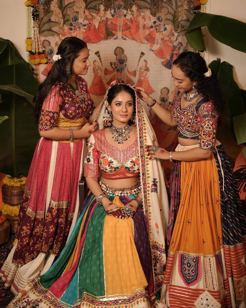 Peach & Multicolour Digital Print Mirror Work Muslin Cotton Lehenga Choli Set