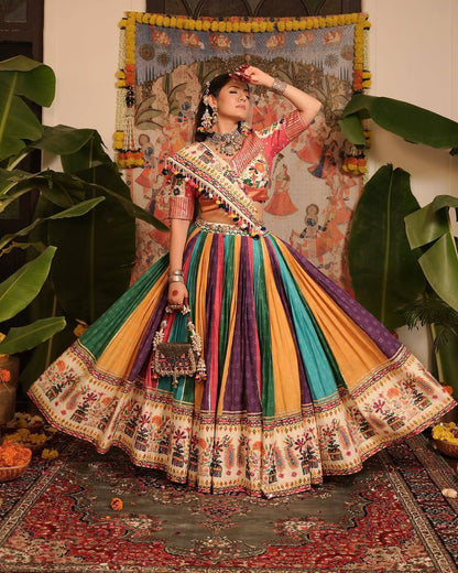 Peach & Multicolour Digital Print Mirror Work Muslin Cotton Lehenga Choli Set