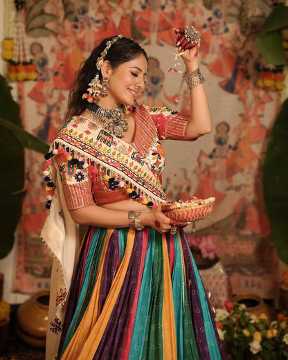 Peach & Multicolour Digital Print Mirror Work Muslin Cotton Lehenga Choli Set
