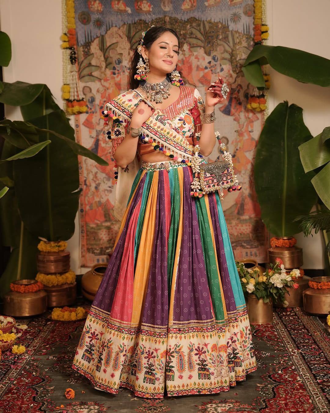 Peach & Multicolour Digital Print Mirror Work Muslin Cotton Lehenga Choli Set