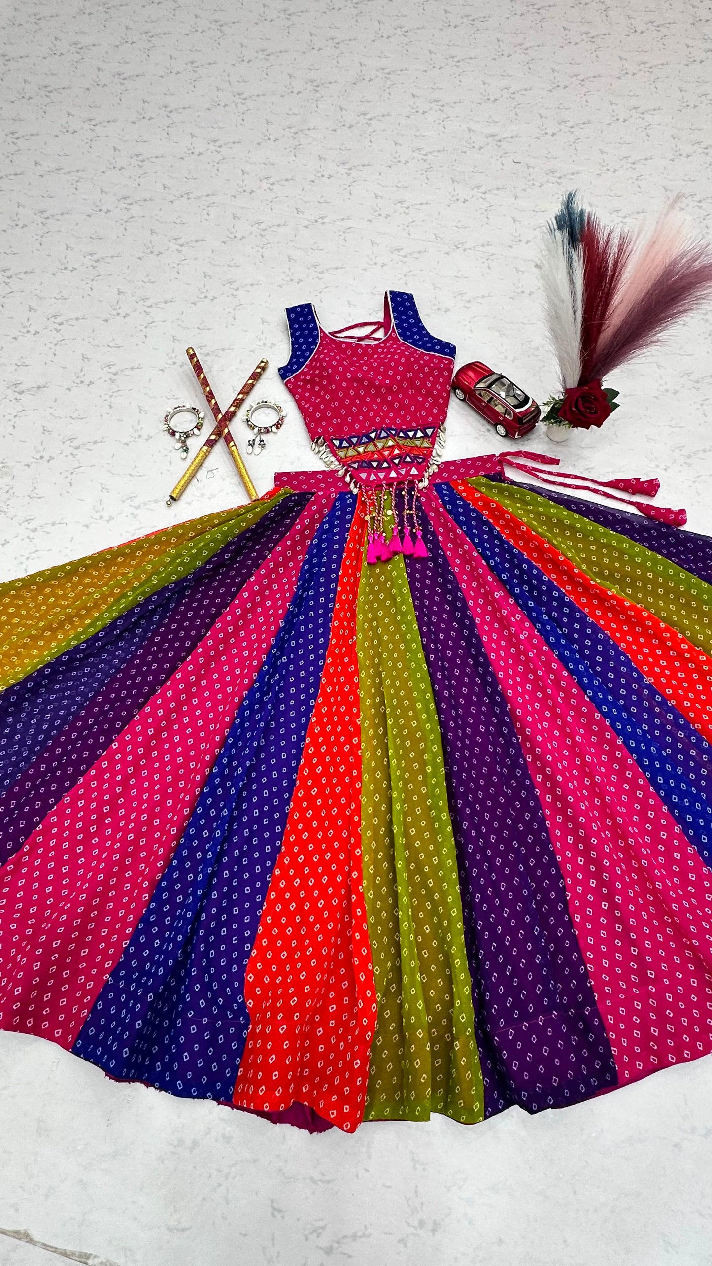 Pink & Multicolour Mirror Work Georgette Navratri Lehenga Choli Set