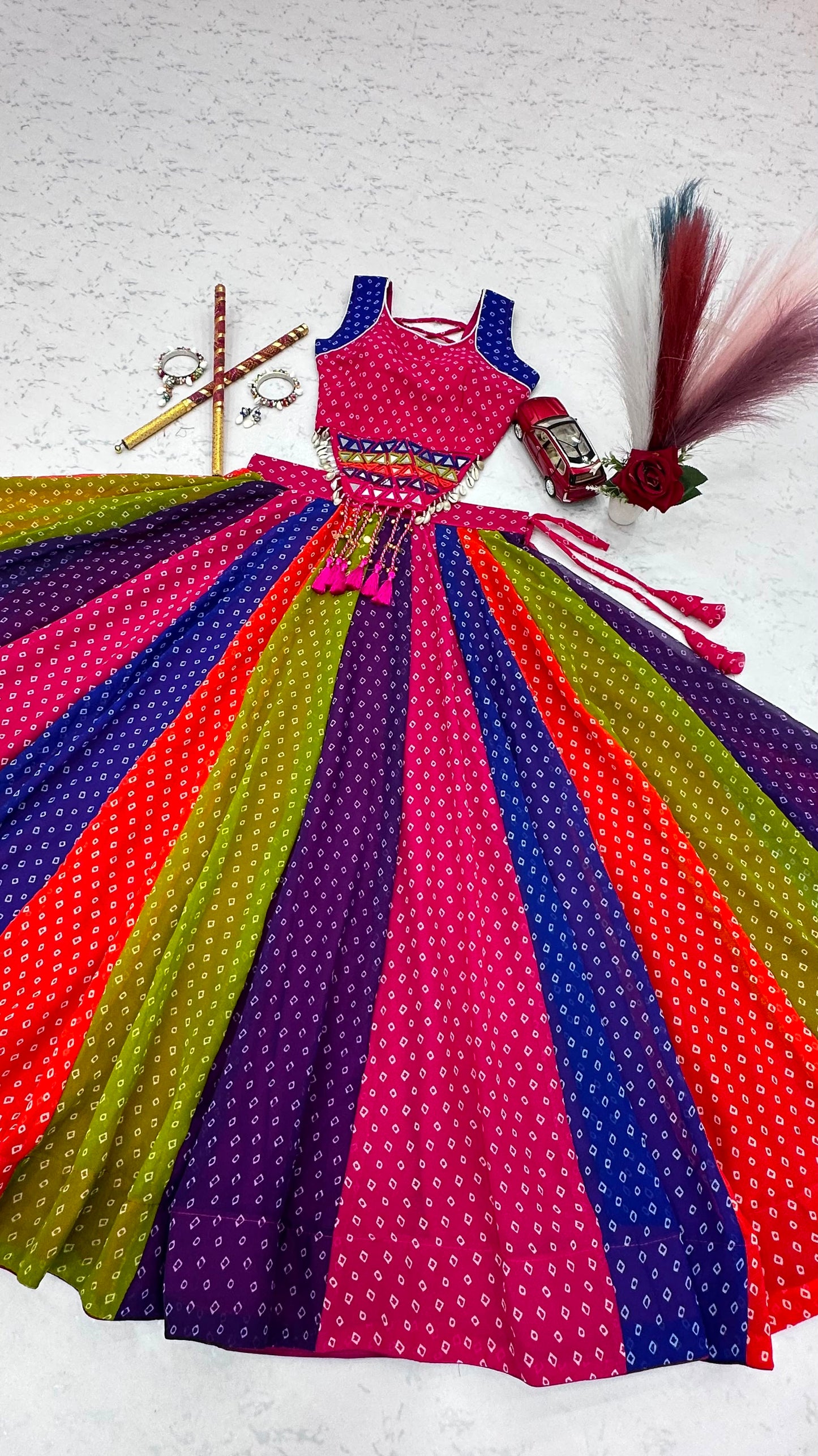 Pink & Multicolour Mirror Work Georgette Navratri Lehenga Choli Set
