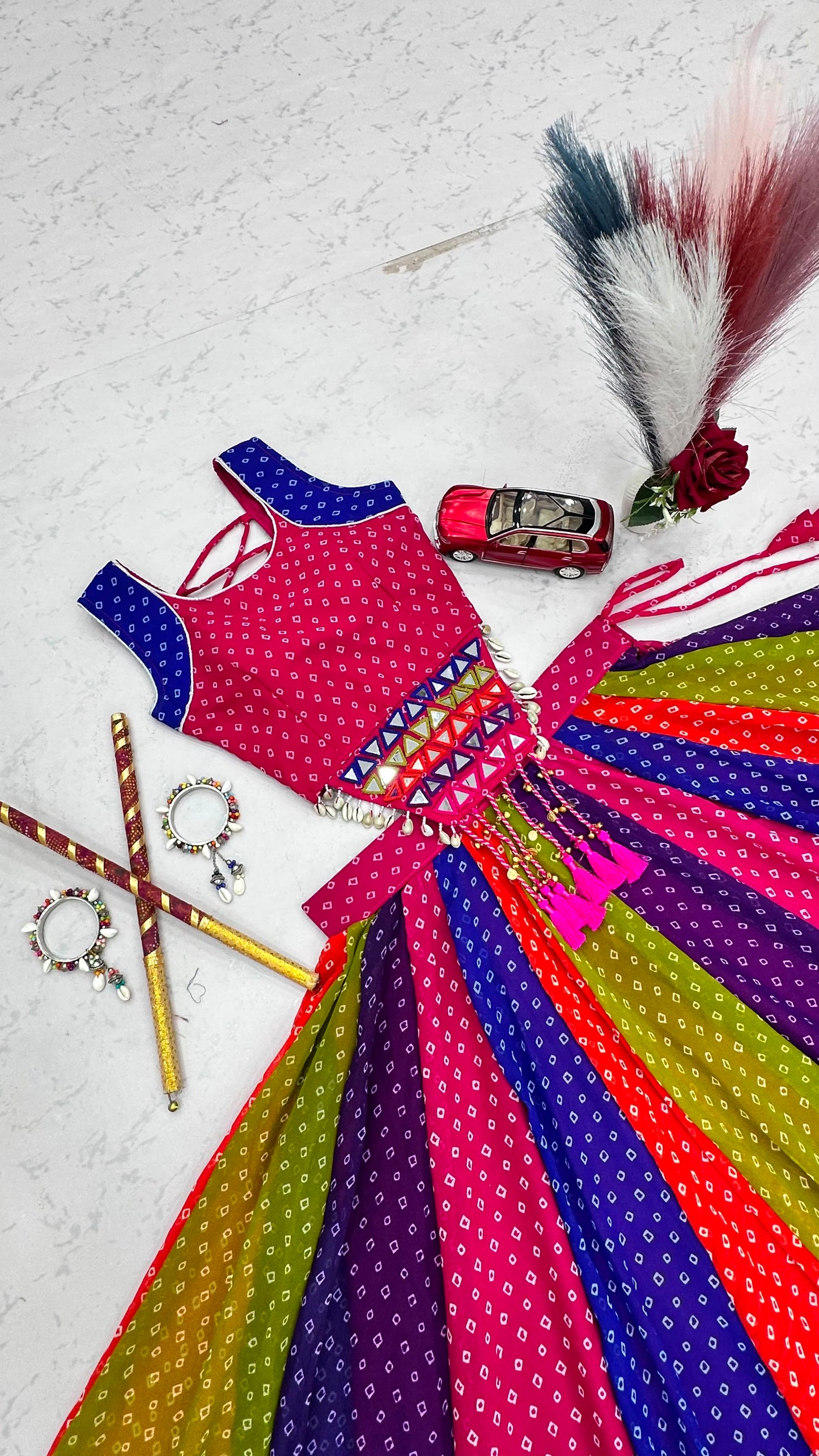 Pink & Multicolour Mirror Work Georgette Navratri Lehenga Choli Set