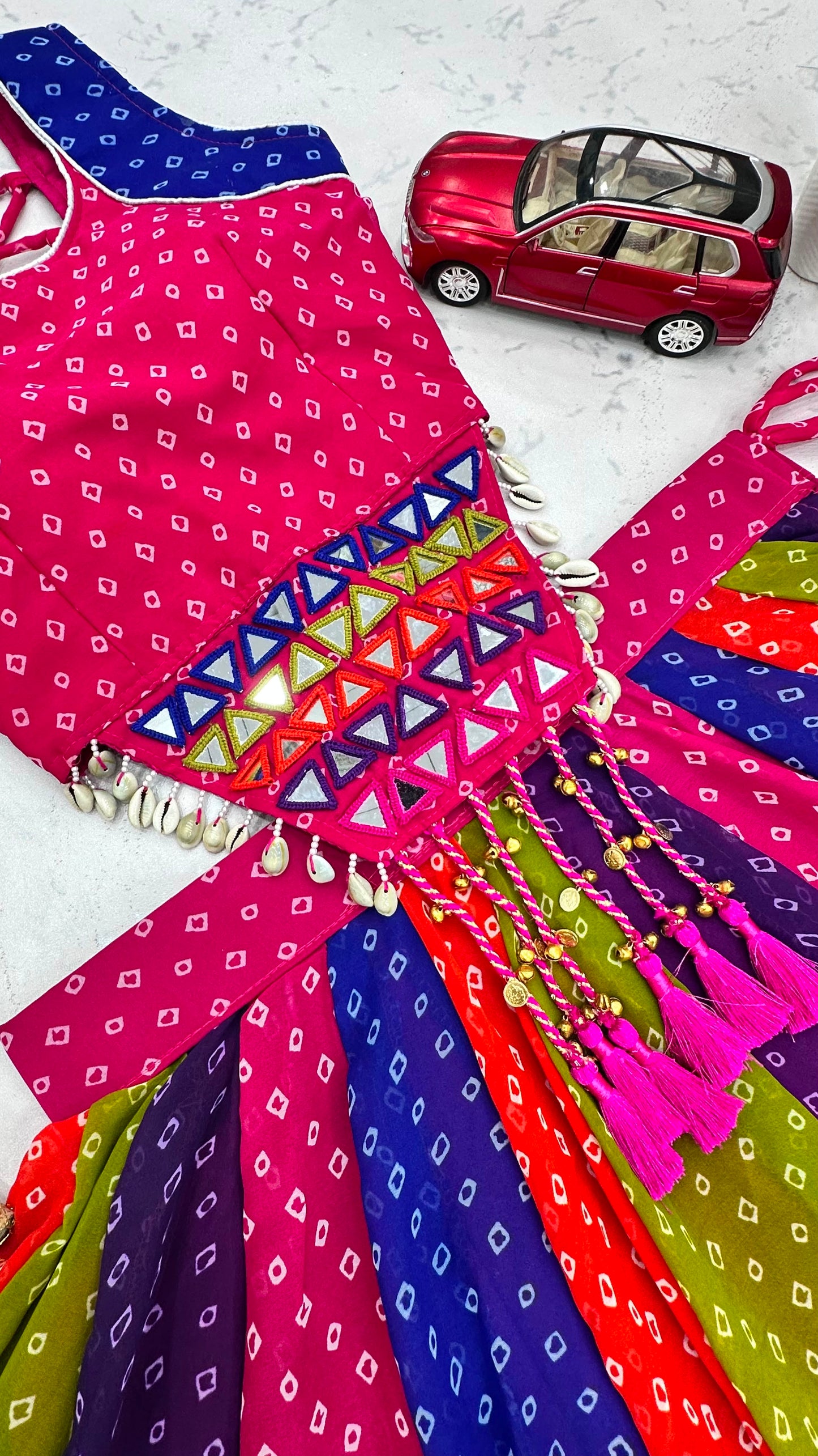 Pink & Multicolour Mirror Work Georgette Navratri Lehenga Choli Set