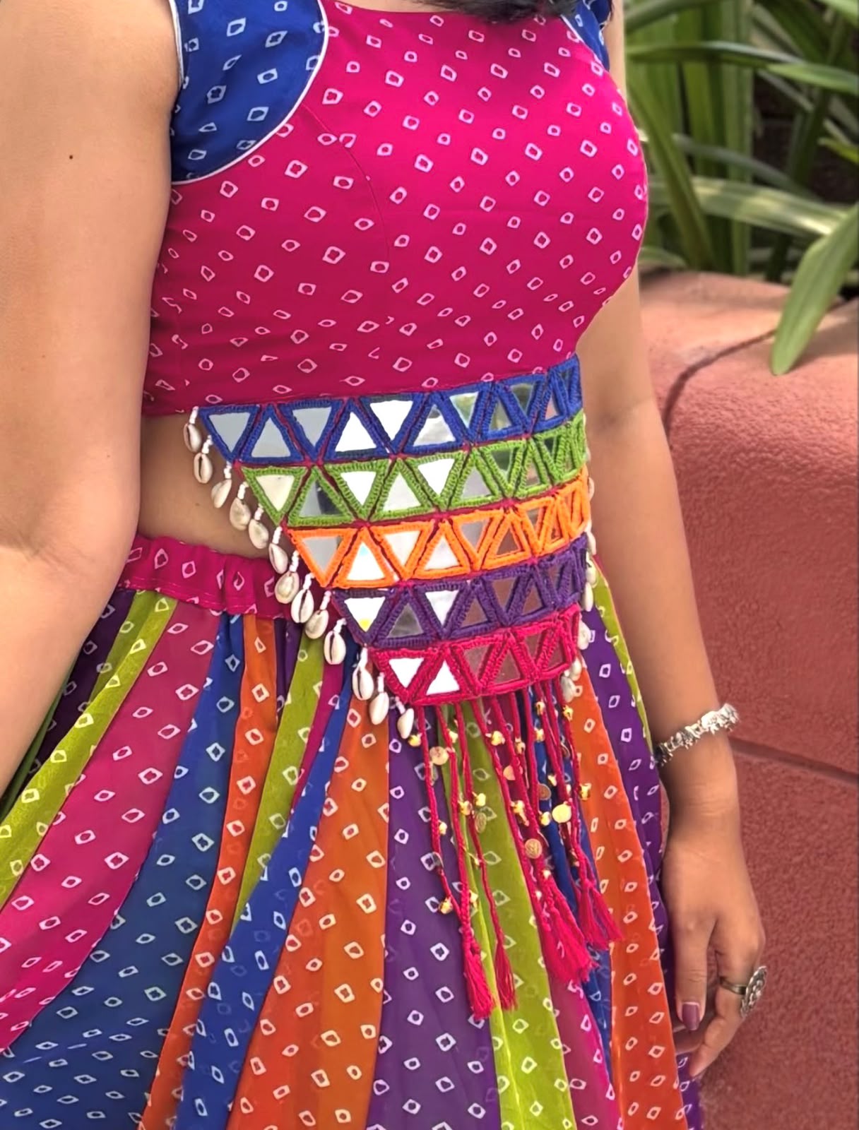 Pink & Multicolour Mirror Work Georgette Navratri Lehenga Choli Set