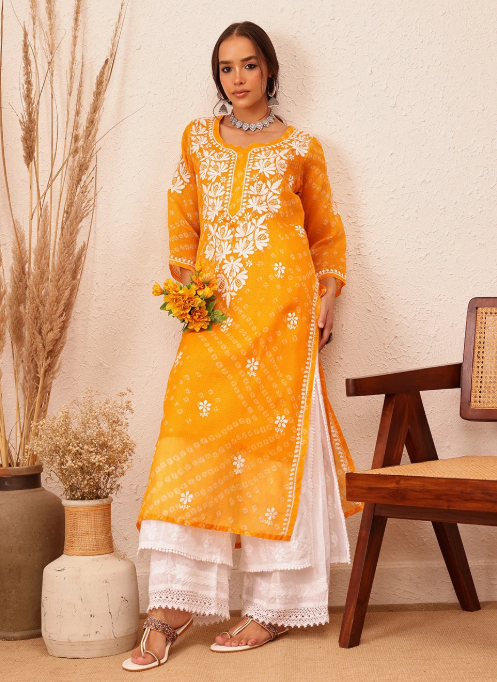 Yellow Authentic Cotton Bandhani Print Kurti