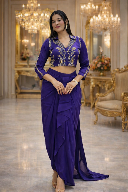 Designer purple Chinon silk dhoti indowestern with sequin embroidery and fully stitched blouse