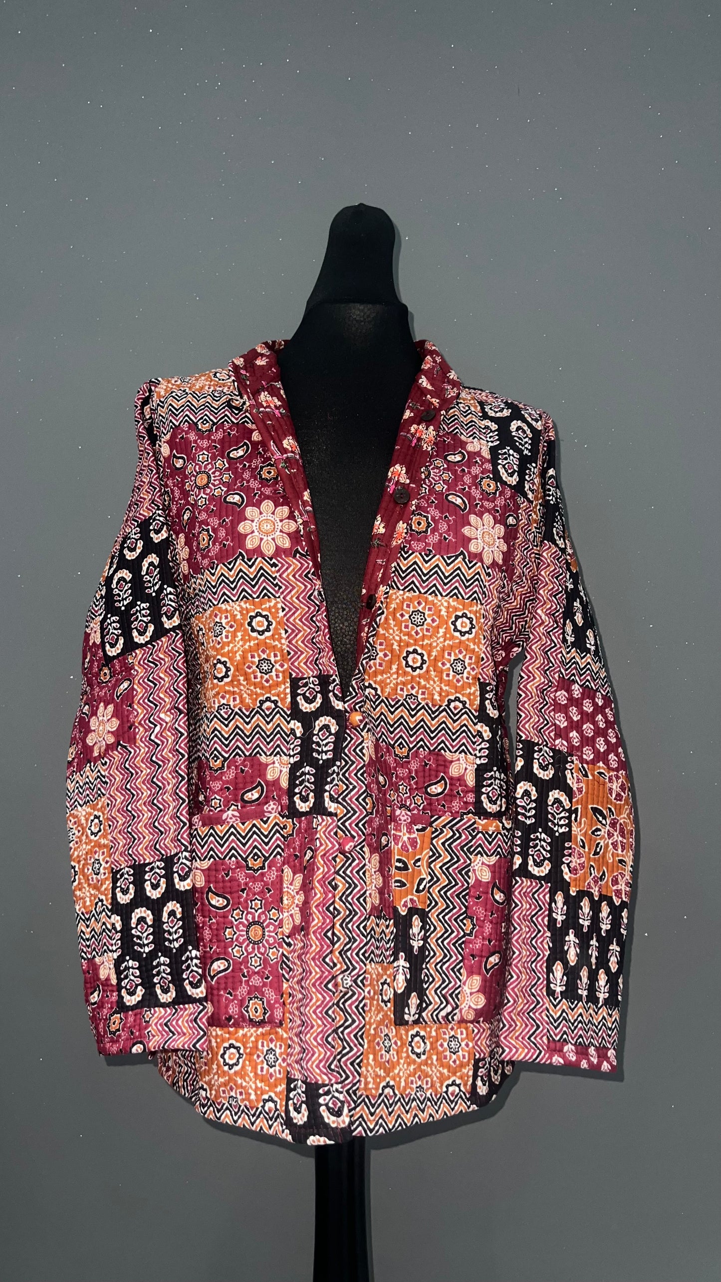 Red Patchwork Reversible Quilted Cotton Jacket