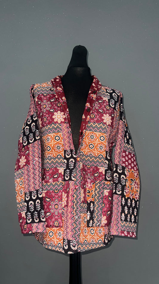 Red Patchwork Reversible Quilted Cotton Jacket