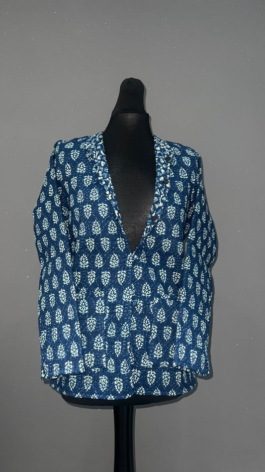 Navy Blue Floral Reversible Quilted Cotton Jacket