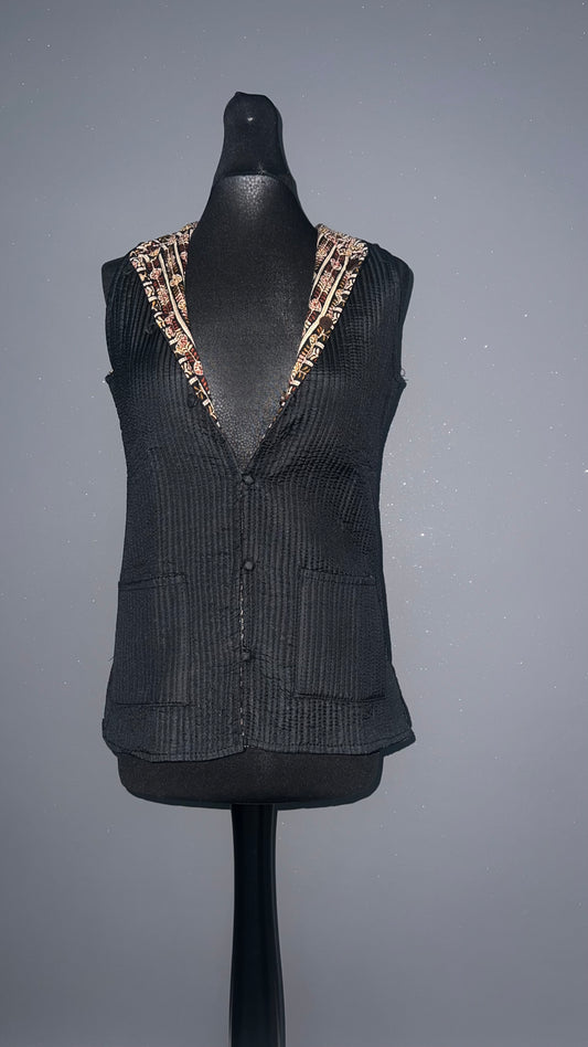 Classic Black Reversible Floral-Lined Quilted Cotton Jacket