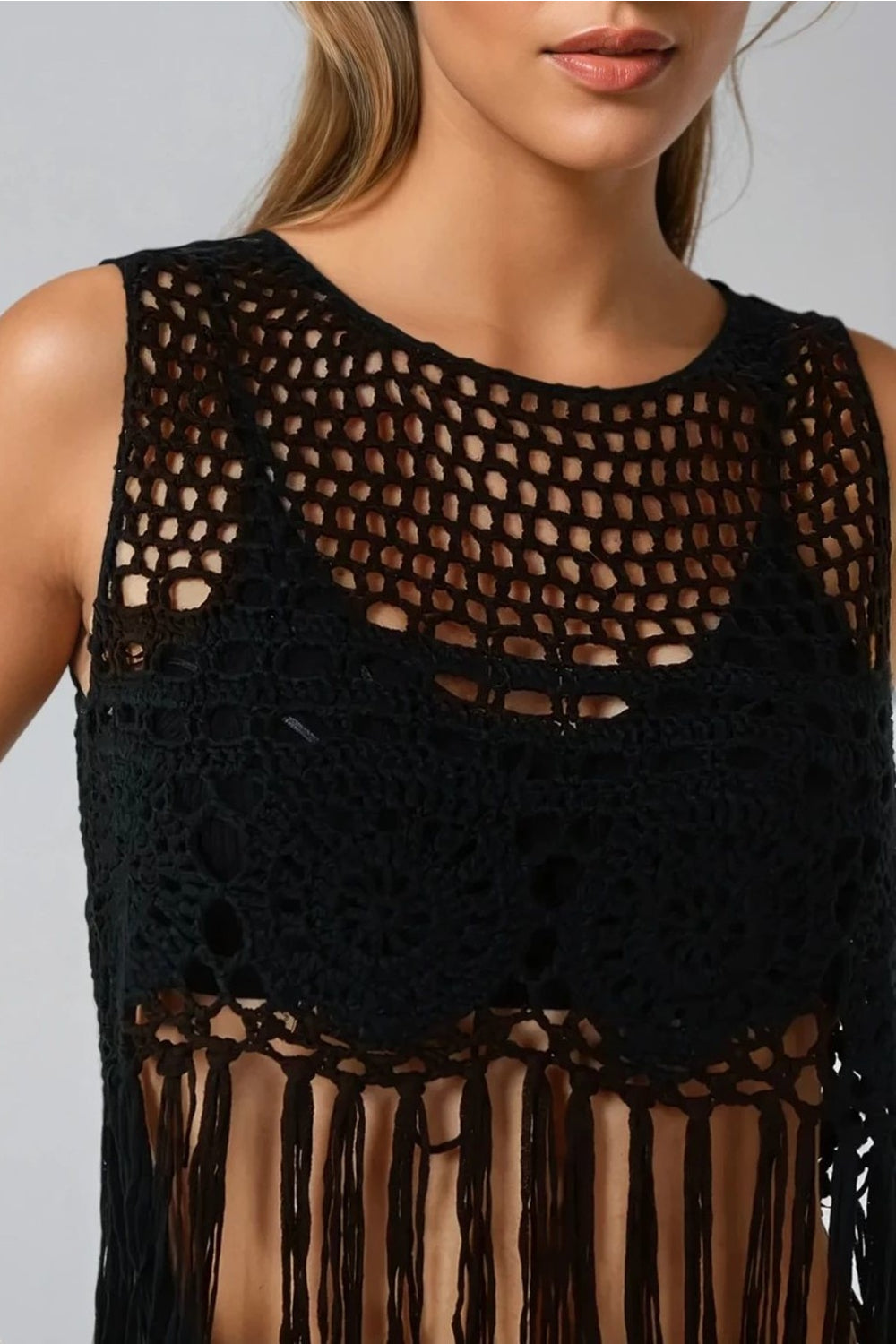 Black Tassel Hem Crochet Top
