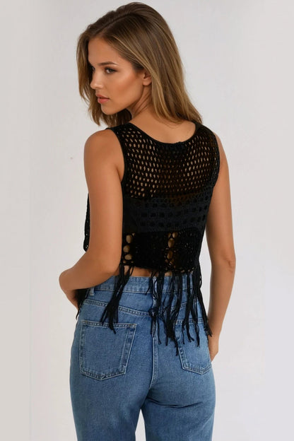 Black Tassel Hem Crochet Top