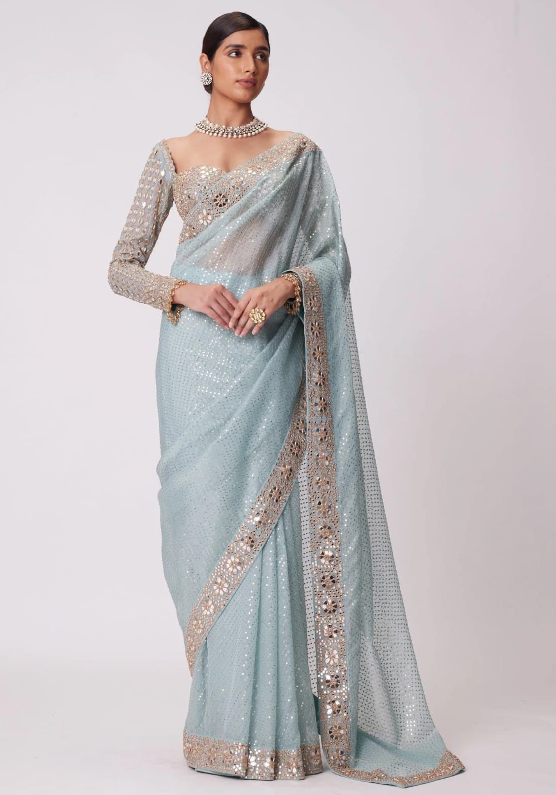 Sky Blue Heavy Embroidery Saree