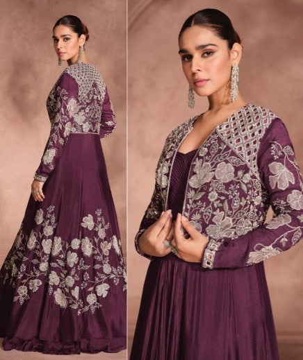Purple Embroidered Anarkali Gown with Jacket