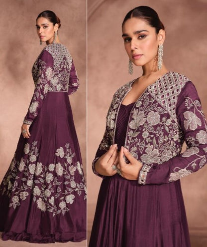 Purple Embroidered Anarkali Gown with Jacket