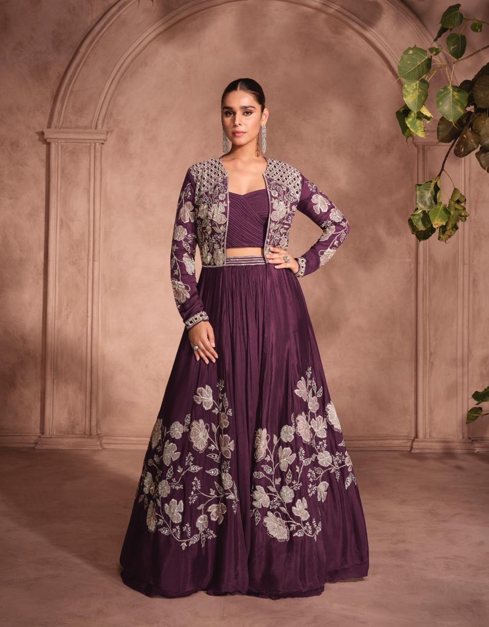 Purple Embroidered Anarkali Gown with Jacket