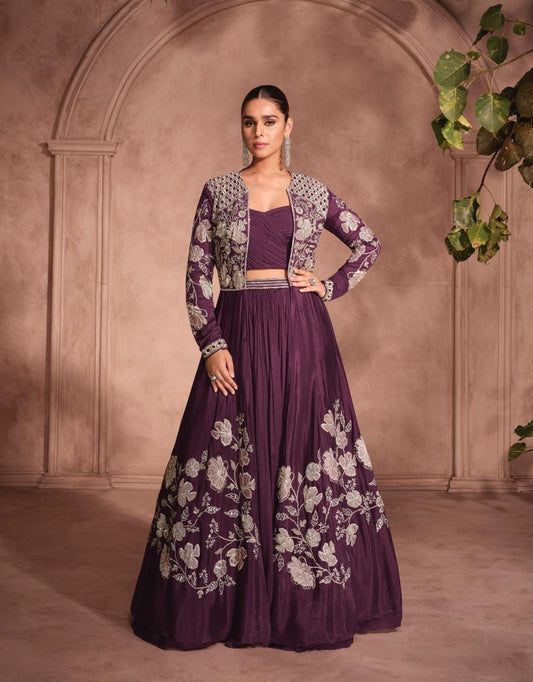 Purple Embroidered Anarkali Gown with Jacket