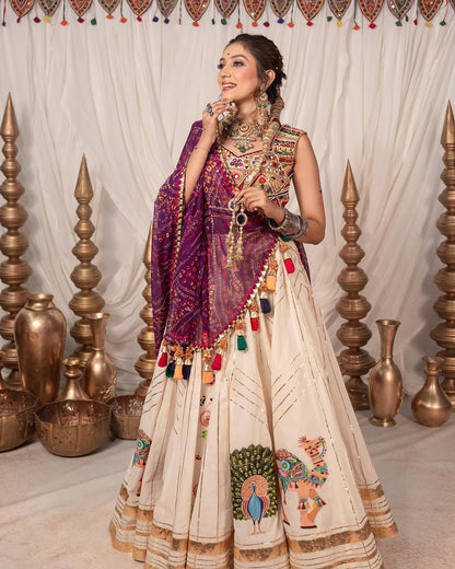 Cream Heavy Muslin Cottonl Lehenga Choli
