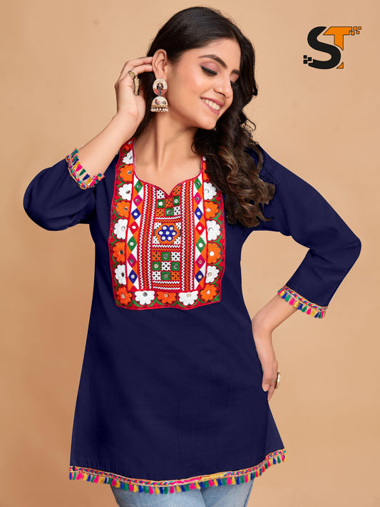 Navy Cotton Top with Vibrant Embroidery
