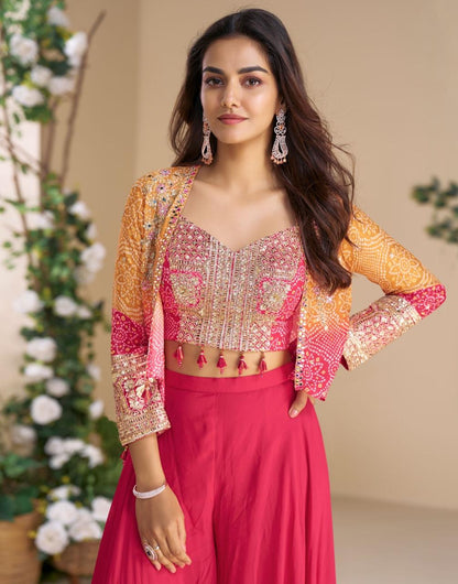 Pink Embroidered Palazzo Suit & Printed Jacket