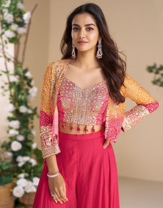 Pink Embroidered Palazzo Suit & Printed Jacket