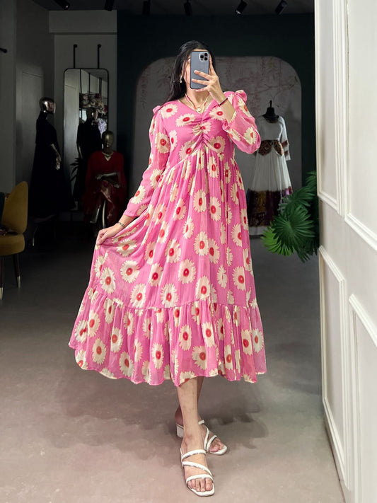 Pink Stitched Printed Frock