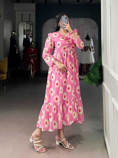 Pink Stitched Printed Frock